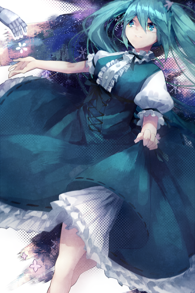 aqua_eyes aqua_hair bad_id bad_pixiv_id blue_dress dress frilled_dress frills hatsune_miku legs long_dress long_hair looking_at_viewer lyodi outstretched_hand puffy_sleeves short_sleeves sketch skirt_hold solo twintails very_long_hair vocaloid voice_(vocaloid)