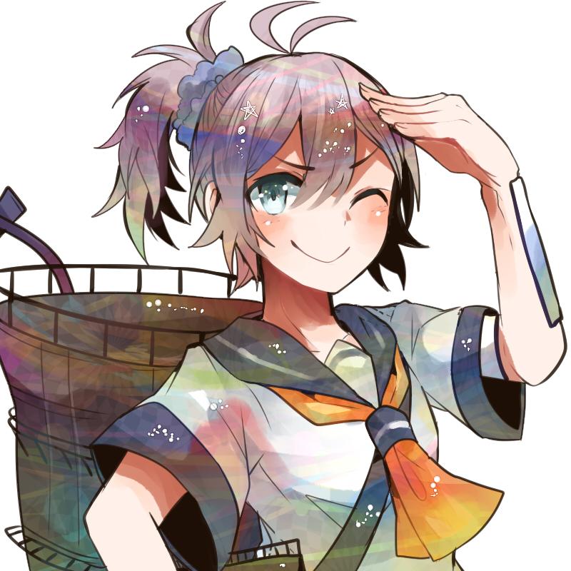 antenna_hair aoba_(kantai_collection) arm_up ascot bangs blouse blue_eyes blue_scrunchie blush closed_mouth collarbone eyebrows_visible_through_hair hair_between_eyes hair_ornament hair_scrunchie itomugi-kun kantai_collection looking_at_viewer multicolored multicolored_eyes neckerchief one_eye_closed ponytail purple_hair salute school_uniform scrunchie serafuku short_hair short_sleeves simple_background smile solo star upper_body white_background