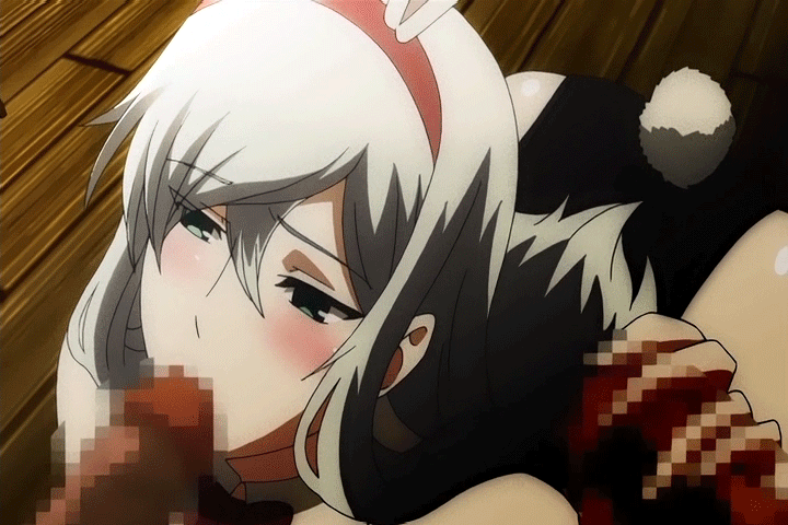 animated animated_gif ass breasts breasts_outside bunny_ears bunny_girl censored cleavage demonion fellatio female gray_hair green_eyes grey_hair handjob huge_breasts nipples oral penis vanessa_cromwell
