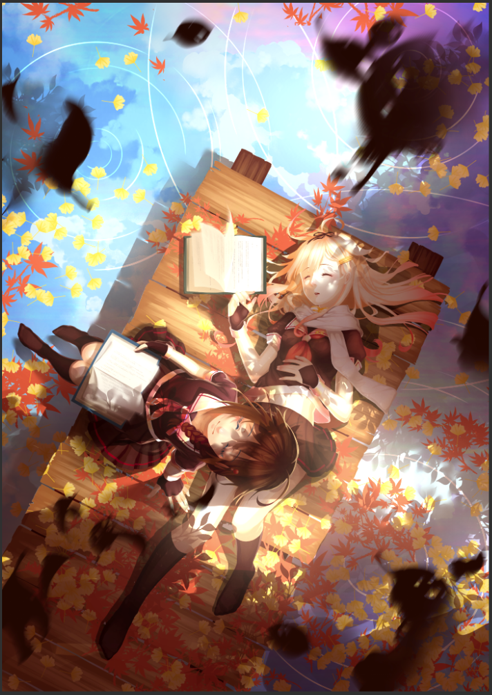 ahoge arm_support black_legwear blonde_hair book braid brown_hair closed_eyes dock fingerless_gloves frame from_above gloves hair_ornament hand_on_own_stomach kantai_collection kneehighs leaf level_x_yuusha light_smile long_hair lying maple_leaf multiple_girls neckerchief on_back open_book open_mouth pleated_skirt remodel_(kantai_collection) ripples sailor_collar shigure_(kantai_collection) short_sleeves sitting skirt water yuudachi_(kantai_collection)