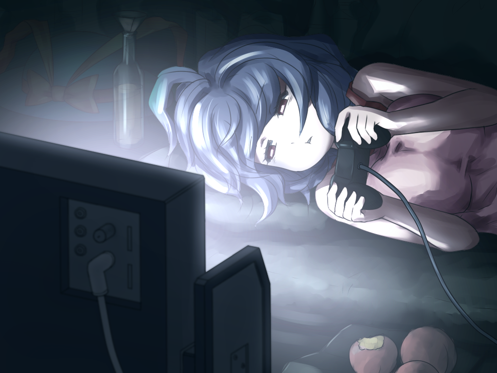 blue_hair bottle breast_squeeze breasts controller food fruit game_controller hat hat_removed headwear_removed large_breasts lying nagae_iku on_side peach playing_games red_eyes shirosato solo television touhou