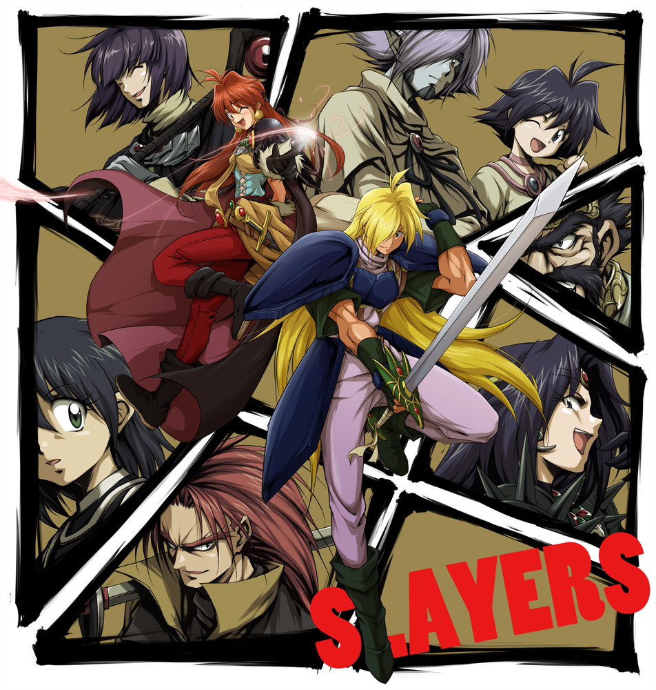 6+boys ahoge amelia_wil_tesla_seyruun armor black_hair blonde_hair boots brown_background cape chaos_dragon_garv choker copyright_name earrings everyone facial_hair gloves gourry_gabriev green_eyes grey_hair hair_over_one_eye hellmaster_phibrizzo itouei jewelry lina_inverse long_hair magic md5_mismatch multiple_boys multiple_girls mustache naga_the_serpent one_eye_closed orange_hair pants pauldrons philionel_el_di_seyruun pink_choker purple_hair shirt short_hair slayers sword v weapon xelloss zelgadiss_graywords