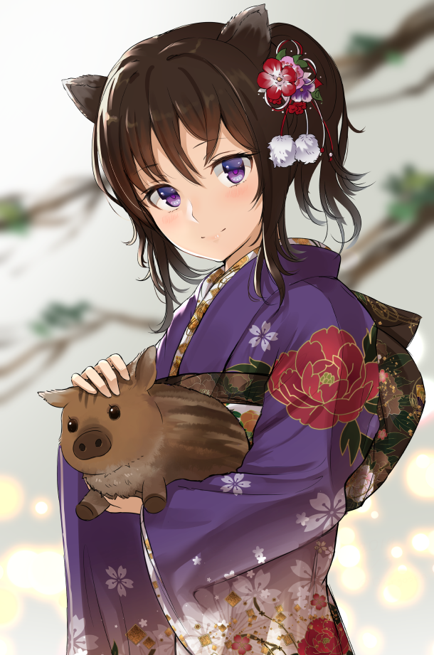 1girl animal animal_ears bangs blurry blurry_background blush brown_hair carrying chinese_zodiac closed_mouth commentary_request dargo depth_of_field eyebrows_visible_through_hair floral_print flower furisode hair_flower hair_ornament head_tilt japanese_clothes kimono light_particles long_hair looking_at_viewer original petting pig pom_pom_(clothes) ponytail print_kimono purple_eyes purple_flower purple_kimono red_flower sidelocks smile solo standing tree_branch upper_body year_of_the_pig