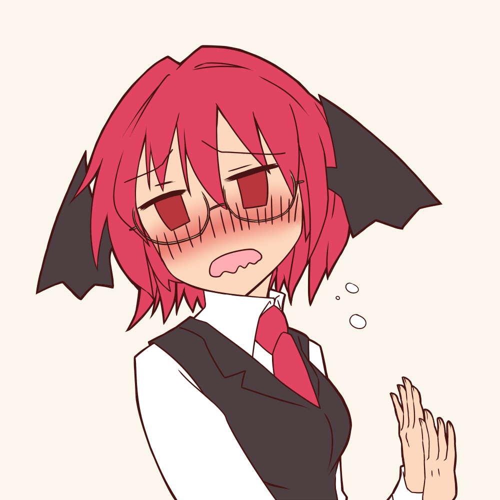 3692materia alternate_hair_length alternate_hairstyle bat_wings bespectacled blush collared_shirt dress_shirt drunk empty_eyes glasses head_wings koakuma necktie nose_blush red_eyes red_hair shirt short_hair simple_background solo touhou upper_body vest wavy_mouth white_background white_shirt wings