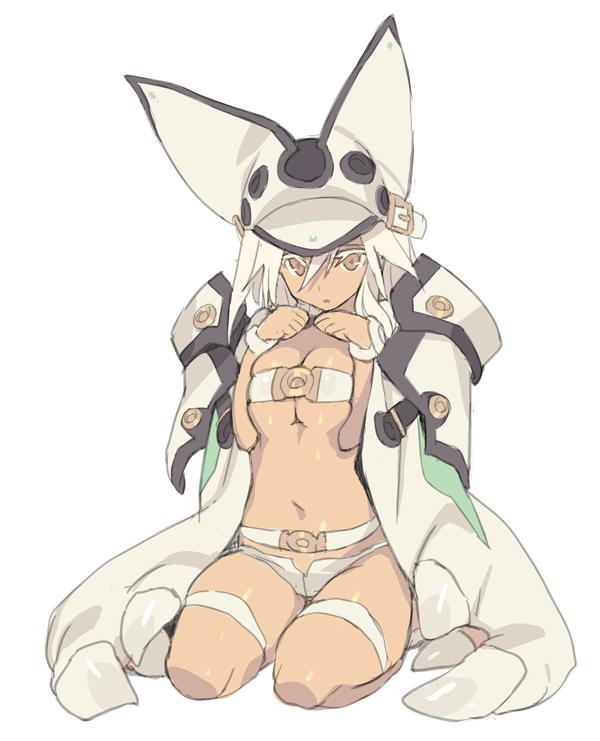 belt beltbra blade_(galaxist) breast_squeeze breasts brown_eyes dark_skin guilty_gear guilty_gear_xrd hat jpeg_artifacts large_breasts long_hair navel ramlethal_valentine seiza short_shorts shorts simple_background sitting solo thigh_strap underboob white_background white_hair