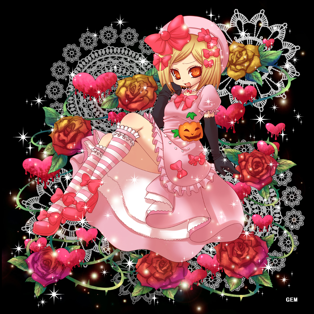 bad_id bad_pixiv_id blonde_hair dress elbow_gloves flower gem_(ddt) gloves hat heart kneehighs lambdadelta orange_eyes pink_dress pink_hat plant pumpkin rose short_hair socks solo striped striped_legwear umineko_no_naku_koro_ni vines