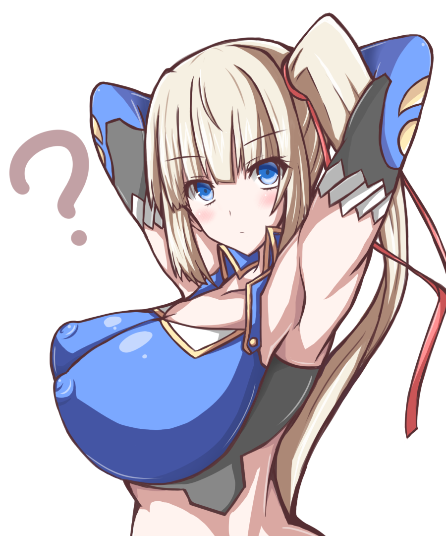 1girl ? armpits arms_up blonde_hair blue_eyes breasts elbow_gloves erect_nipples female gloves hand_behind_head huge_breasts limalisha long_hair looking_at_viewer madan_no_ou_to_vanadis shiki_(catbox230123) shiki_(pixiv945404) side_ponytail simple_background solo tank_top upper_body white_background