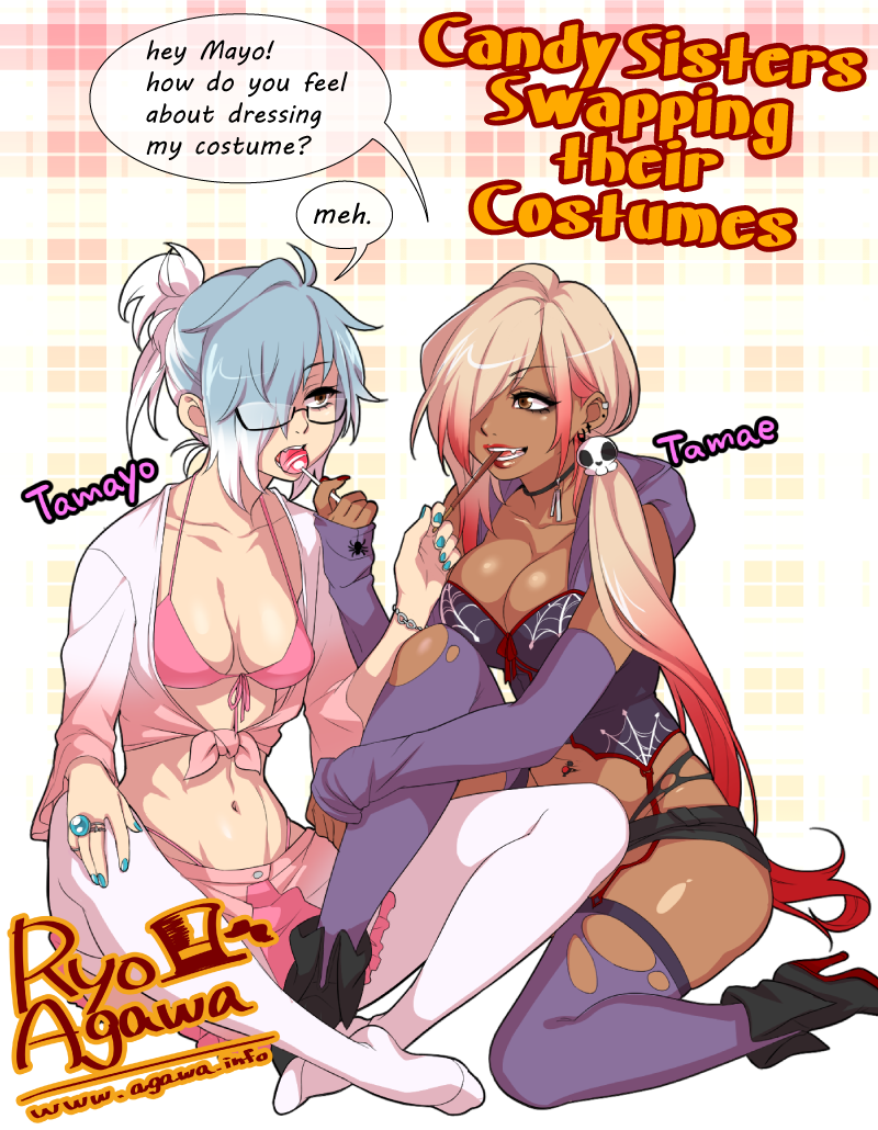 agawa_ryou amemiya_tamae amemiya_tamayo artist_name bikini blue_hair breasts brown_eyes candy character_name cleavage commentary_request cosplay costume_switch dark_skin detached_sleeves ear_piercing english fang food front-tie_top glasses hair_ornament hair_over_one_eye high_heels jewelry large_breasts lipstick lollipop long_hair makeup midriff multicolored_hair multiple_girls nail_polish navel navel_piercing open_mouth original piercing pink_hair pocky ring shirt short_shorts shorts siblings sisters sitting skull_hair_ornament sleeves_past_wrists swimsuit thighhighs tied_shirt torn_clothes torn_legwear two-tone_hair white_hair