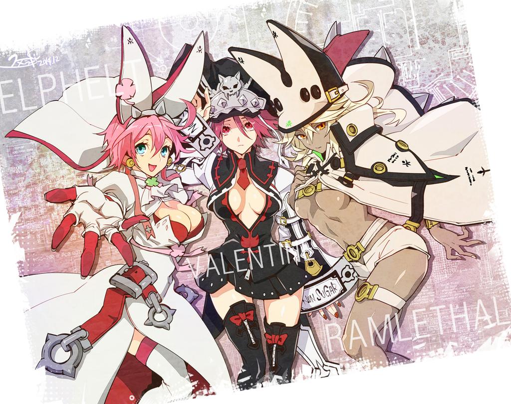 belt beltbra blonde_hair blue_eyes breasts cape center_opening cleavage dark_skin earrings elphelt_valentine gloves guilty_gear guilty_gear_2 guilty_gear_xrd hat jewelry navel orange_eyes pink_hair ramlethal_valentine red_eyes short_shorts shorts siblings sisters skirt sumeshi_(ambivalince) thigh_strap thighhighs underboob valentine_(guilty_gear)