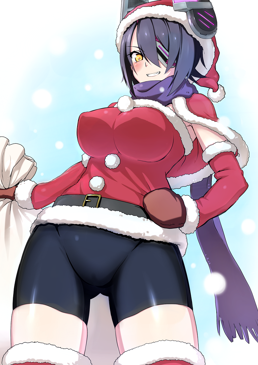 alternate_costume bad_id bad_pixiv_id belt bike_shorts black_hair blush breasts capelet christmas commentary cowboy_shot eyepatch fringe_trim fur_trim grin hand_on_hip hat headphones highres kantai_collection large_breasts mittens ransusan sack santa_costume santa_hat scarf smile snow snowing solo tenryuu_(kantai_collection) yellow_eyes