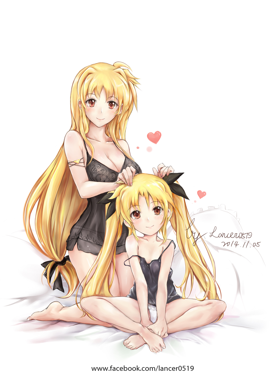 2girls age_difference barefoot blonde_hair blush breasts cleavage crossed_legs dual_persona erementa fate_testarossa hand_on_another's_head heart highres kneeling large_breasts long_hair low-tied_long_hair lyrical_nanoha mahou_shoujo_lyrical_nanoha multiple_girls older pajamas panties small_breasts smile spread_legs time_paradox twintails underwear very_long_hair younger