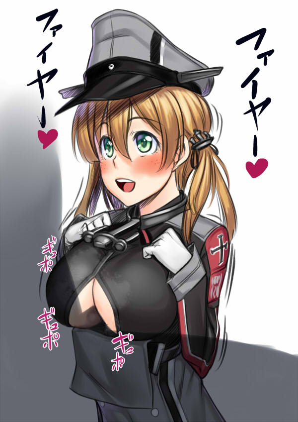 anchor_hair_ornament blonde_hair blush breast_squeeze breasts freckles gloves green_eyes h_kasei hair_ornament hat hetero invisible_man iron_cross kantai_collection large_breasts long_hair long_sleeves military military_uniform open_mouth paizuri paizuri_under_clothes peaked_cap penis perpendicular_paizuri prinz_eugen_(kantai_collection) smile solo_focus twintails uniform white_gloves