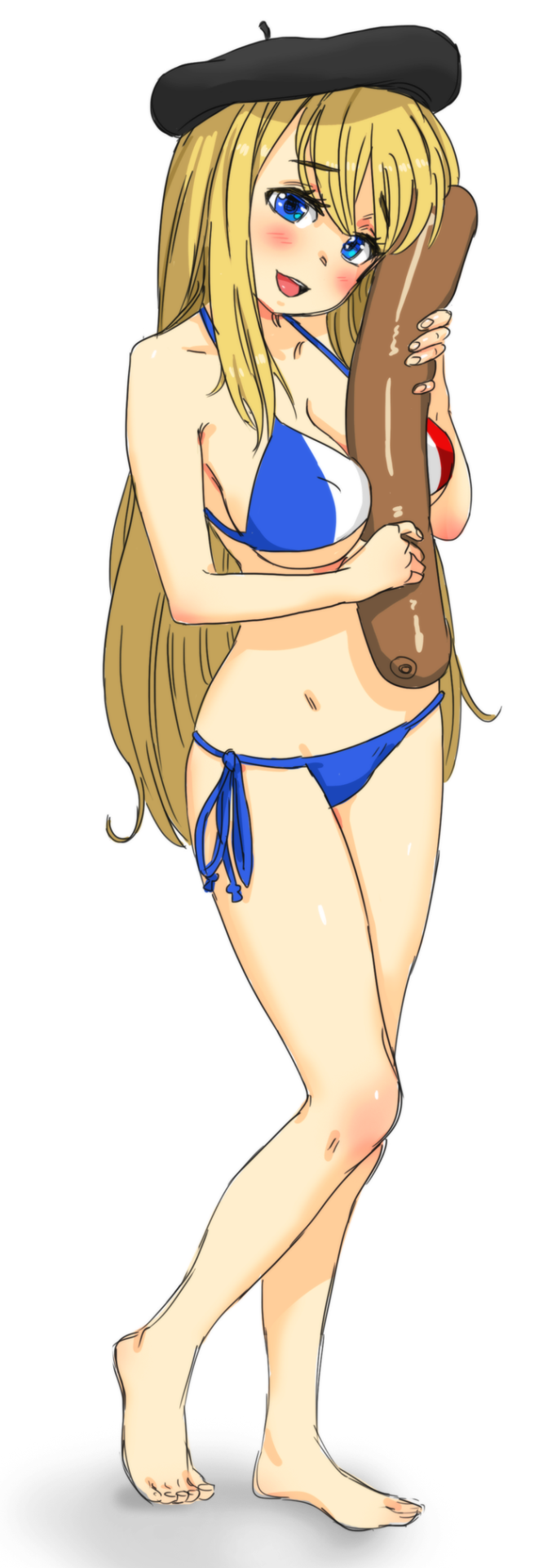 1girl barefoot beret between_breasts bikini blonde_hair blue_eyes blush breasts character_request chloe_lemaire cleavage flag_print france french_flag french_flag_bikini full_body girlfriend_(kari) hat highres holding kiriririn large_breasts long_hair open_mouth phallic_symbol print_bikini sausage side-tie_bikini solo swimsuit underboob vertical_stripes very_long_hair white_background