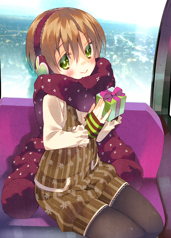 arikawa_satoru black_legwear blush box brown_hair earmuffs gift gift_box green_eyes hoshizora_rin legwear_under_shorts long_hair love_live! love_live!_school_idol_project pantyhose scarf shorts sitting smile solo