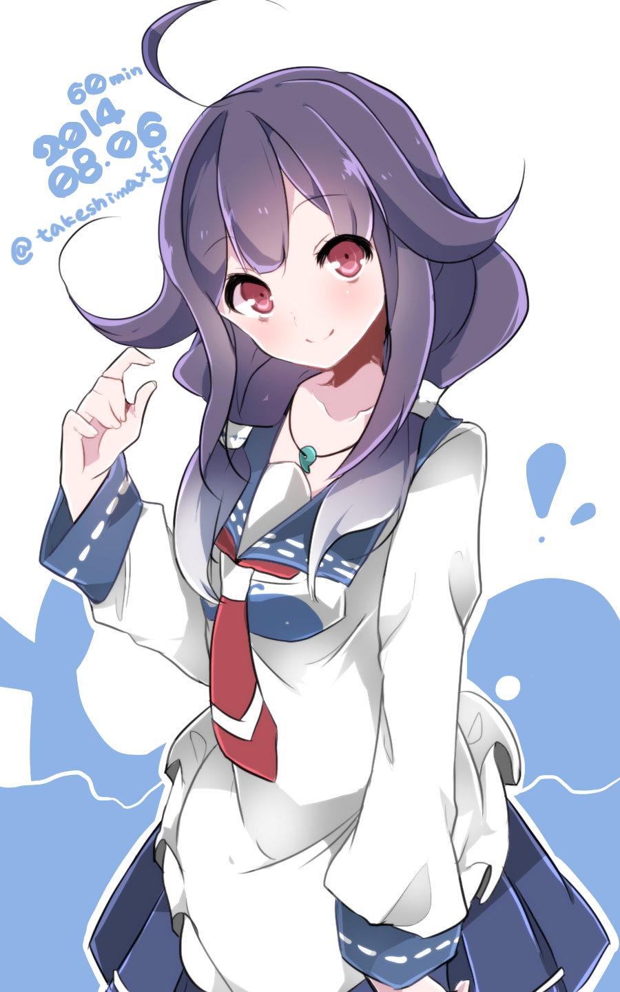 ahoge apron commentary dated hair_flaps hair_tubes highres kantai_collection magatama neckerchief pleated_skirt purple_hair red_eyes skirt smile taigei_(kantai_collection) takeshima_(nia) twitter_username