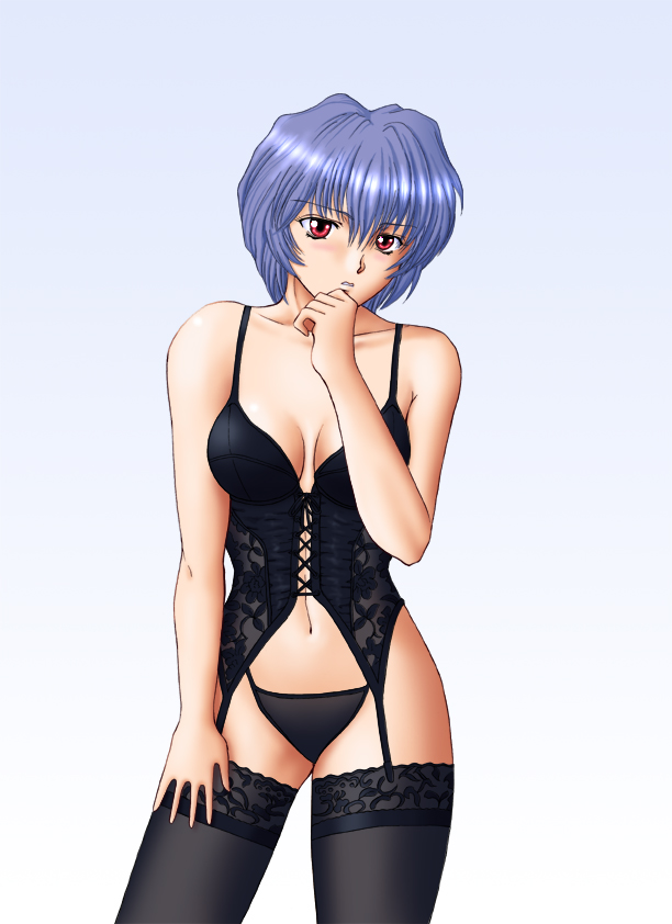 1girl ayanami_rei black_box_brand blue_hair blush breasts corset garter_belt garters lingerie neon_genesis_evangelion panties red_eyes standing thighhighs underwear