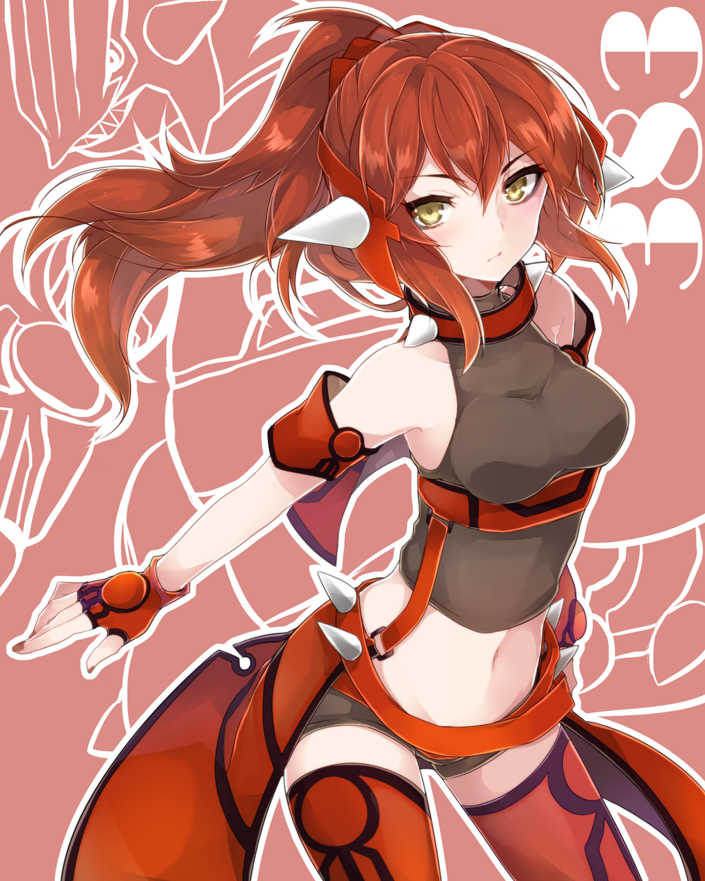bare_shoulders detached_sleeves fingerless_gloves gen_3_pokemon gloves groudon highres image_sample long_hair looking_at_viewer midriff navel personification pokemon ponytail red_hair solo takeshima_(nia) thighhighs twitter_sample yellow_eyes