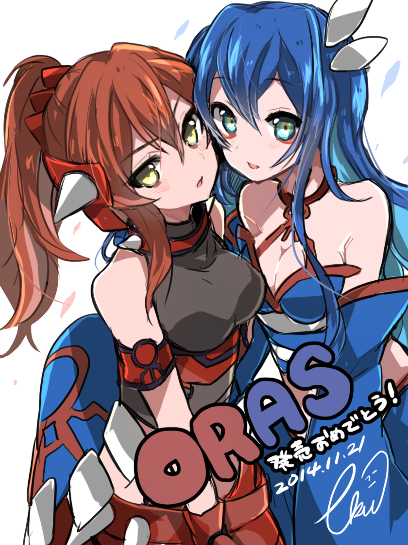 bare_shoulders blue_eyes blue_hair breasts cleavage dated detached_sleeves eyeliner gen_3_pokemon groudon hair_ornament kyogre long_hair long_sleeves makeup medium_breasts multicolored multicolored_eyes multiple_girls open_mouth personification pokemon ponytail red_hair signature sketch takeshima_(nia) translated yellow_eyes