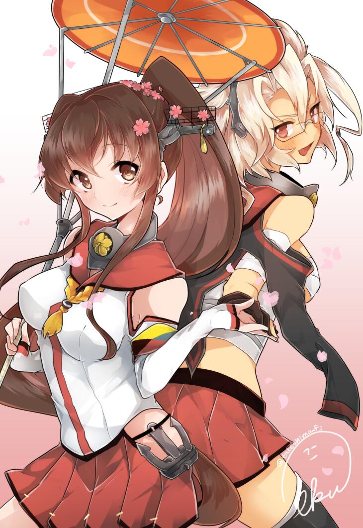 back-to-back bare_shoulders blush brown_eyes brown_hair commentary detached_sleeves flower glasses hair_flower hair_ornament headgear kantai_collection long_hair multiple_girls musashi_(kantai_collection) petals pleated_skirt ponytail red_eyes sarashi short_hair short_twintails signature silver_hair skirt smile takeshima_(nia) thighhighs twintails twitter_username umbrella yamato_(kantai_collection)