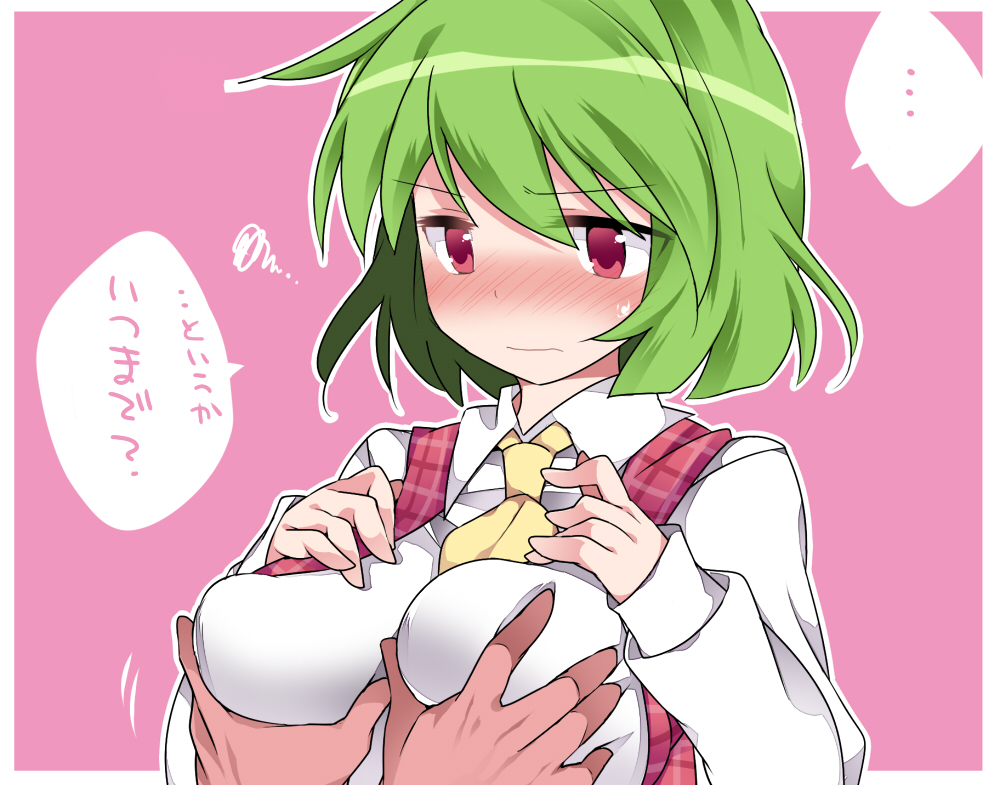 ascot blush breast_grab breasts commentary grabbing green_hair hammer_(sunset_beach) kazami_yuuka large_breasts plaid plaid_vest red_eyes short_hair simple_background solo_focus touhou translated upper_body vest