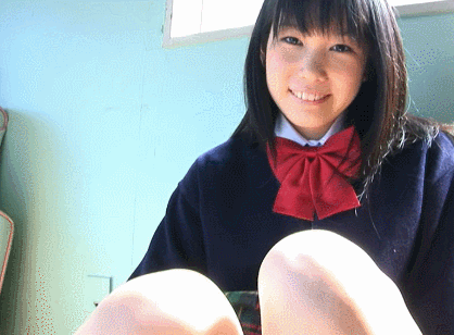 1girl animated animated_gif asian bow close-up lowres panties panties_aside photo pussy school_uniform shaved_pussy sitting smile uncensored underwear