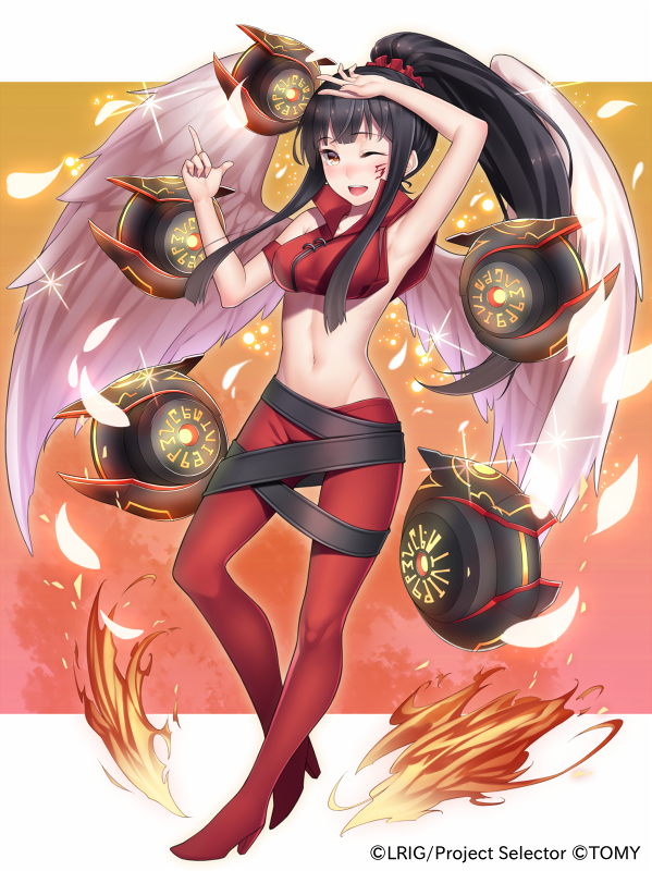 ;d angel_wings arm_up armpits black_hair breasts brown_eyes crop_top feathers fire full_body long_hair medium_breasts midriff navel official_art one_eye_closed open_mouth pants pointing pointing_up ponytail ray-akila scrunchie selector_wixoss smile solo very_long_hair wings wixoss yuzuki_(wixoss)
