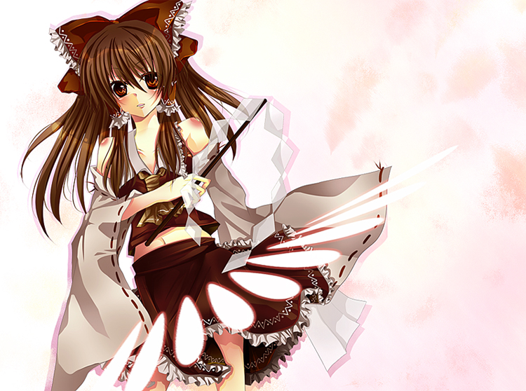 bad_id bad_pixiv_id bow detached_sleeves gohei hair_bow hakurei_reimu hinayu long_sleeves looking_at_viewer magic red_skirt simple_background skirt solo stick touhou vest white_background