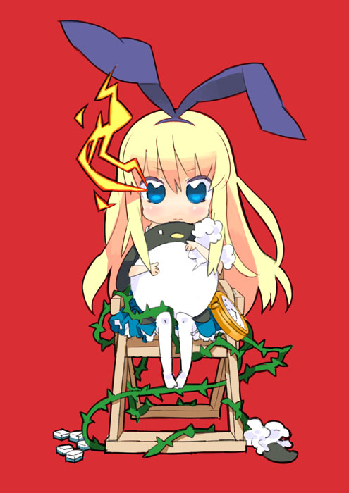 amae_koromo bad_id bad_pixiv_id bird blonde_hair blue_eyes blush chair chibi clock etopen hairband kuma_jet long_hair mahjong penguin red_background saki sitting skirt solo stuffed_animal stuffed_penguin stuffed_toy thighhighs thorns