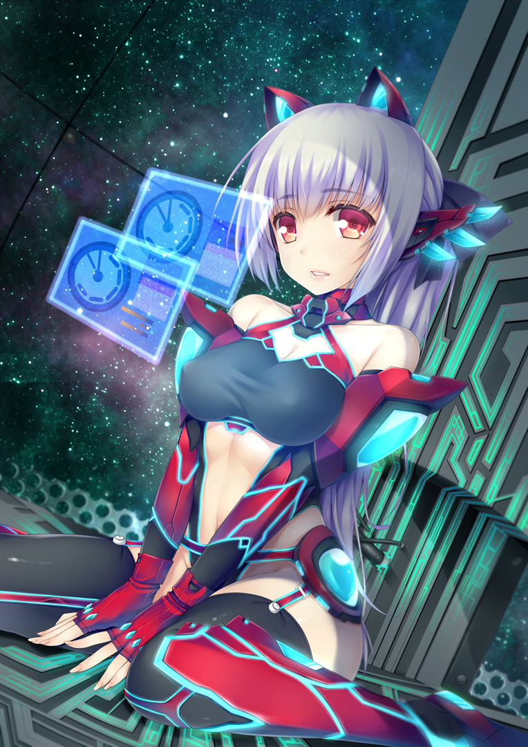 bare_shoulders black_legwear breasts fingerless_gloves garter_straps gloves headgear holographic_monitor large_breasts lavender_hair long_hair monitor navel original ponytail rayn silver_hair sitting solo thighhighs v_arms wariza white_hair