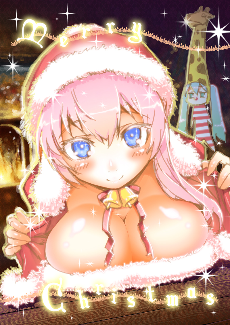 aqua_eyes aqua_hair bell blue_eyes blush breasts christmas cleavage closed_mouth dutch_angle english giraffe_costume hat hatsune_miku hitotose_rin large_breasts long_hair looking_at_viewer md5_mismatch megurine_luka merry_christmas multiple_girls pink_hair santa_costume santa_hat sketch smile sparkle twintails very_long_hair vocaloid