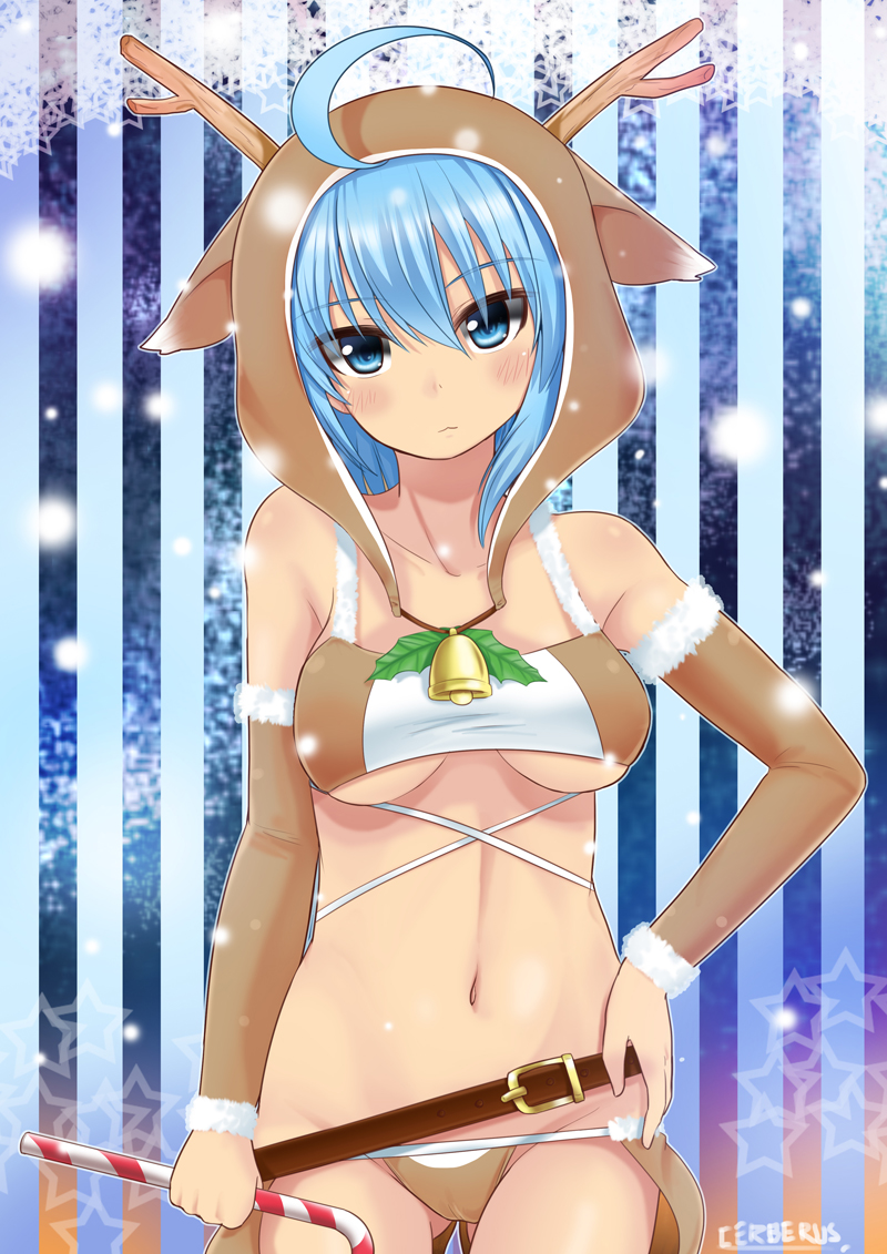 ahoge animal_hood antlers bare_shoulders belt blue_eyes blue_hair blush breasts hand_on_hip hood looking_at_viewer medium_breasts mint_(cerbi) original panties short_hair solo star striped striped_background underboob underwear vertical-striped_background vertical_stripes