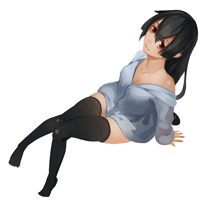 3four akame akame_ga_kill! black_hair black_legwear breasts cleavage from_above knees_together_feet_apart long_hair medium_breasts off_shoulder red_eyes shirt sitting smile solo thighhighs white_background