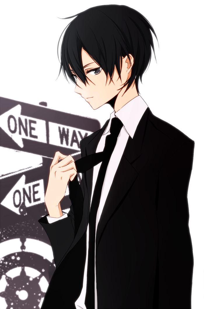black_eyes black_hair formal kirito male_focus necktie one_way_sign solo suit sword_art_online tsukimori_usako