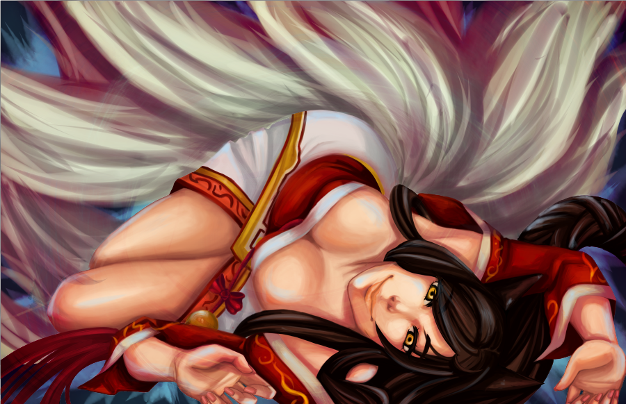 1girl ahri animal_ears black_hair breasts cleavage detached_sleeves female floor fox_ears fox_tail frozentofu gold_eyes japanese_clothes kitsunemimi kyuubi large_breasts league_of_legends lips long_hair looking_at_viewer lying multiple_tails smile solo tail traditional_clothes wafuku yellow_eyes