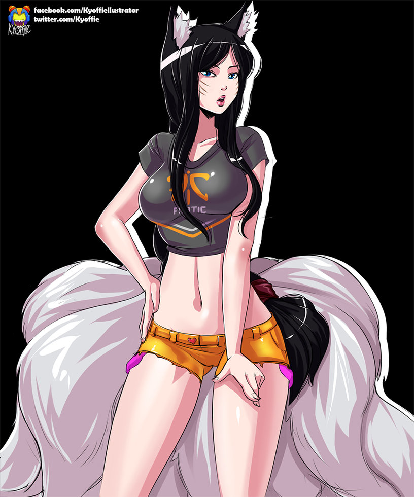 ahri alternate_costume animal_ears bangs black_background black_hair breasts crop_top facial_mark female fox_ears kitsunemimi kyoffie12 kyuubi large_breasts league_of_legends long_hair multiple_tails navel open_mouth shorts sidelocks simple_background solo watermark web_address whiskers