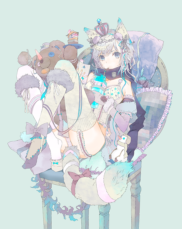 animal_ears aqua_background blue_eyes book cake chair corset drink drinking_straw elbow_gloves food fur fuyuno_haruaki garter_straps gloves green_legwear knees_up long_hair mismatched_footwear mismatched_legwear original panties pillow scarf side-tie_panties sitting snowman solo stuffed_animal stuffed_toy tail teddy_bear thighhighs underwear white_legwear white_panties