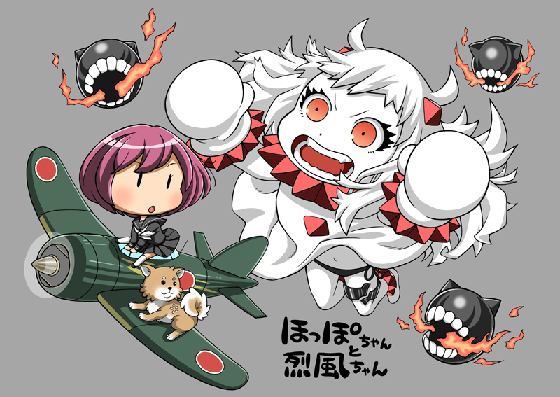 ahoge aircraft airplane black_panties dog dress fairy_(kantai_collection) horns juicy kantai_collection long_hair mittens multiple_girls northern_ocean_hime open_mouth panties pleated_skirt purple_hair red_eyes reppuu_(kantai_collection) riding school_uniform serafuku shinkaisei-kan short_hair side-tie_panties skirt translated underwear white_dress white_hair white_skin