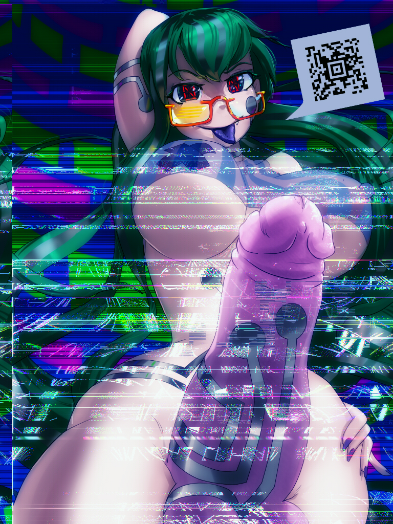 blue_tongue breasts character_request commentary erection fang from_below futanari glasses green_hair hand_on_hip large_breasts long_hair looking_at_viewer newhalf nude original penis precum qr_code smile solo symbol-shaped_pupils tattoo testicles tongue tongue_out