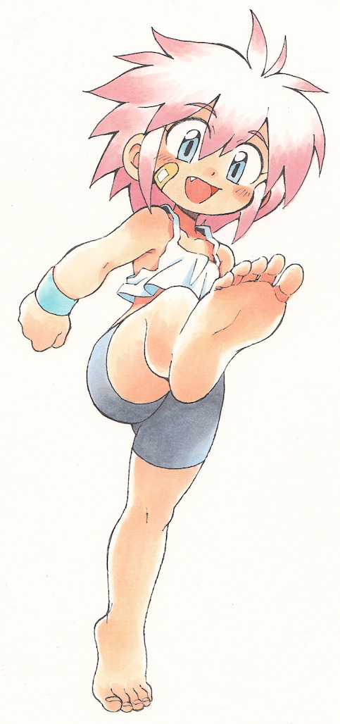 ahoge bandaid bandaid_on_face bare_legs bare_shoulders barefoot bike_shorts black_shorts blue_eyes blush character_request clenched_hand collarbone eyebrows_visible_through_hair fang feet full_body hair_between_eyes messy_hair open_mouth oyatsu_(mk2) pink_hair short_hair shorts simple_background slit_pupils smile soles solo spiked_hair standing standing_on_one_leg tank_top toes white_background white_tank_top wristband