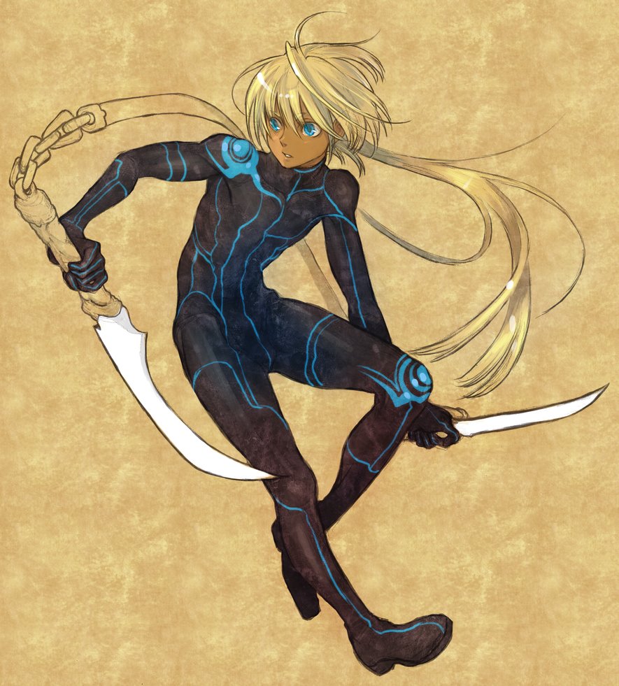 1boy artist_request blonde_hair blue_eyes character_request child copyright_request long_hair male male_focus md5_mismatch piyo ponytail solo spandex weapon