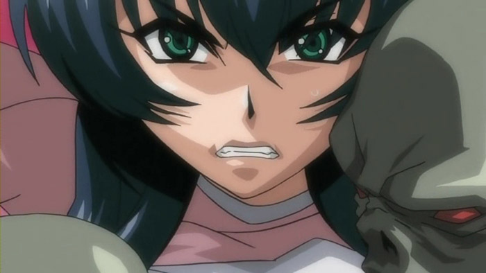 ????? angry blue_hair clenched_teeth green_eyes igawa_asagi monster murakami_teruaki screencap taimanin_asagi teeth