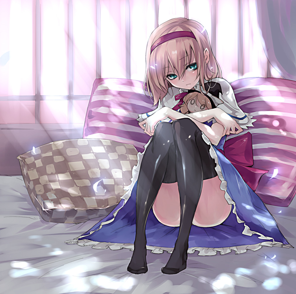 alice_margatroid aqua_eyes ass bed black_legwear blonde_hair blue_dress capelet character_doll crossed_arms cushion doll doll_hug dress frown green_eyes hairband head_tilt hips indoors kirisame_marisa legs light_rays looking_at_viewer miya9 on_bed pillow sad shiny shiny_clothes short_hair sitting solo sunbeam sunlight thighhighs thighs touhou white_capelet zettai_ryouiki