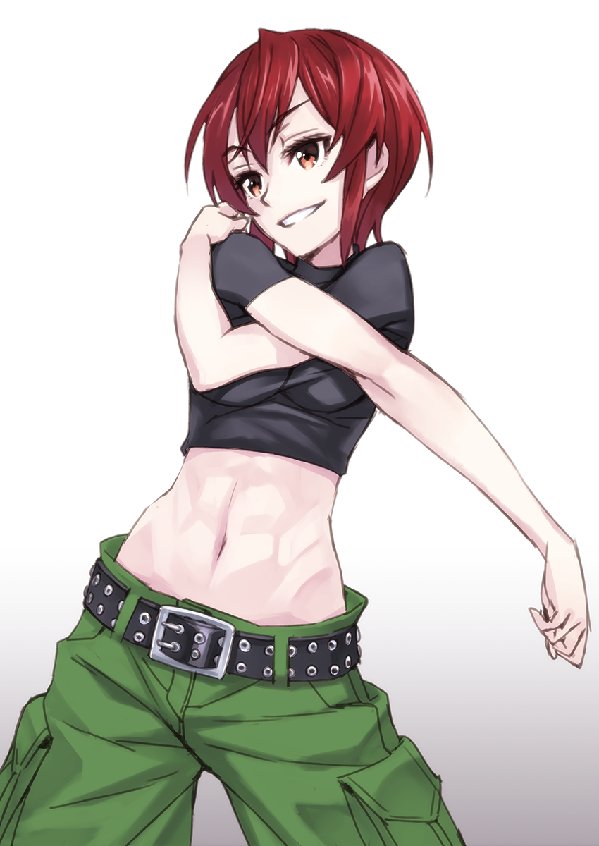 abs belt brown_eyes cowboy_shot highres kaibutsu_oujo matsuryuu midriff navel parted_lips red_hair riza_wildman short_hair simple_background smile solo stretch white_background