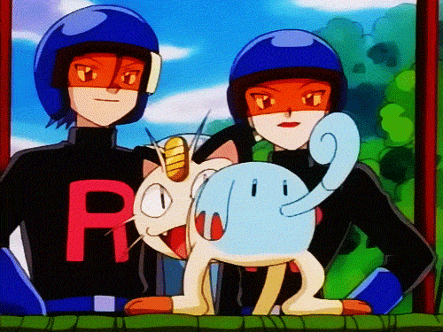 1boy 1girl 90s animated animated_gif kojirou_(pokemon) meowth musashi_(pokemon) pokemon pokemon_(anime) team_rocket