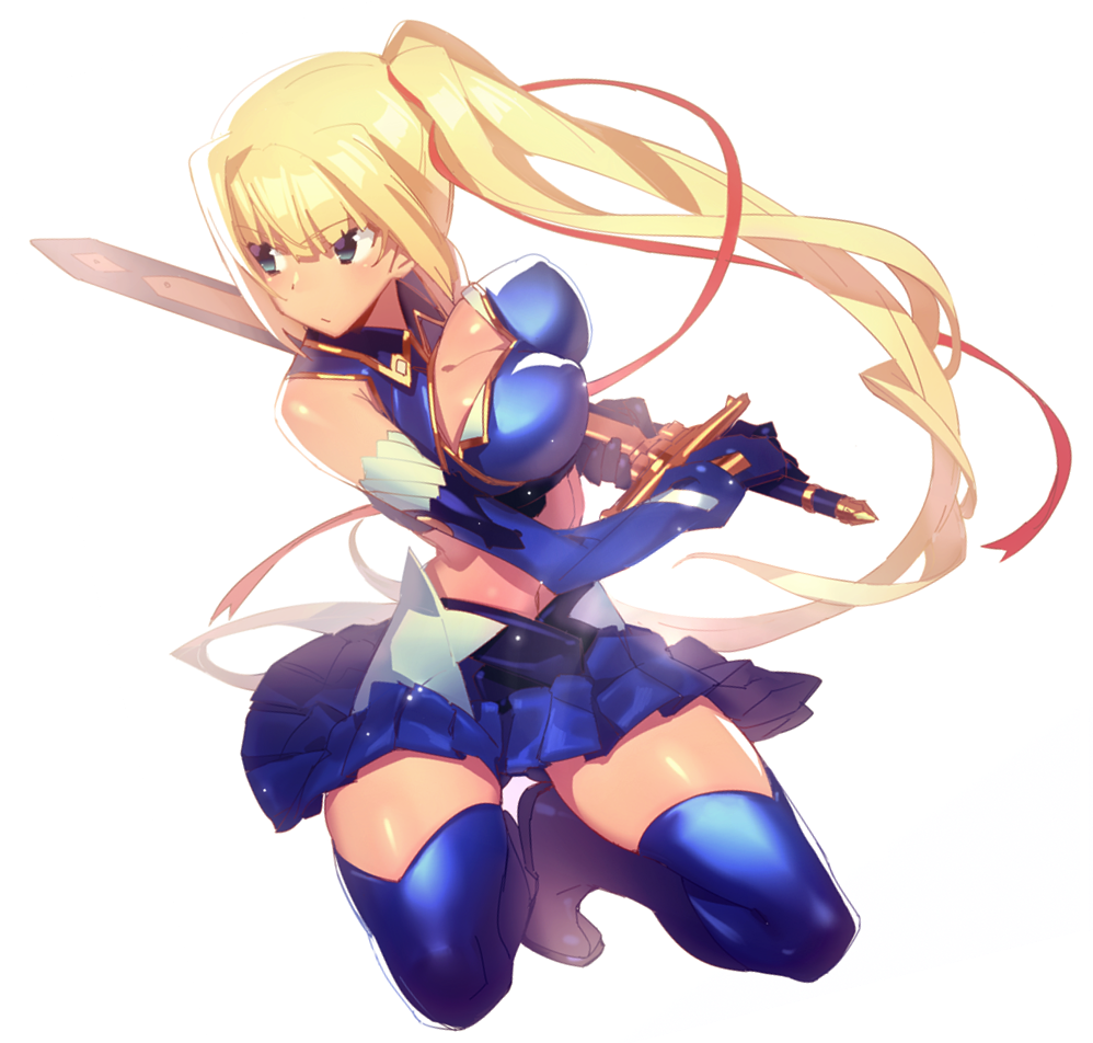 bad_id bad_pixiv_id blonde_hair blue_eyes blue_footwear blue_gloves blue_legwear boots breasts elbow_gloves gloves kneeling large_breasts limalisha long_hair looking_away madan_no_ou_to_vanadis mckeee midriff navel ready_to_draw side_ponytail simple_background skirt solo sword thigh_boots thighhighs very_long_hair weapon white_background