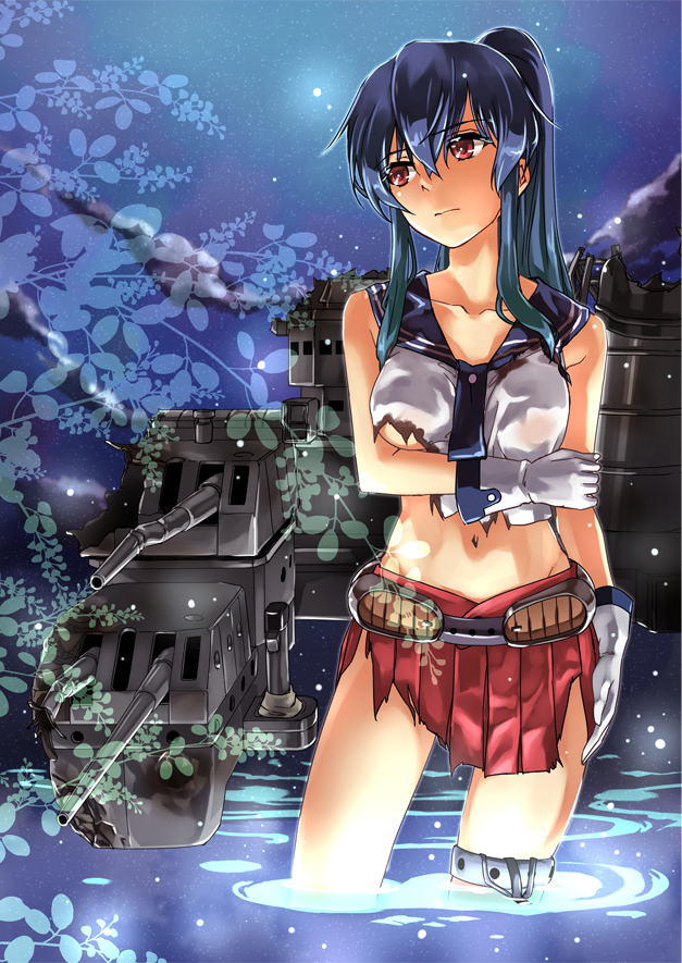 abo_(hechouchou) arm_at_side asymmetrical_legwear blue_hair breast_hold breasts cannon gloves hair_between_eyes kantai_collection looking_to_the_side mecha_musume medium_breasts midriff night night_sky pleated_skirt ponytail red_eyes red_skirt school_uniform scrunchie serafuku serious single_thighhigh skirt sky solo star_(sky) starry_sky thighhighs torn_clothes underboob wading white_gloves yahagi_(kantai_collection)