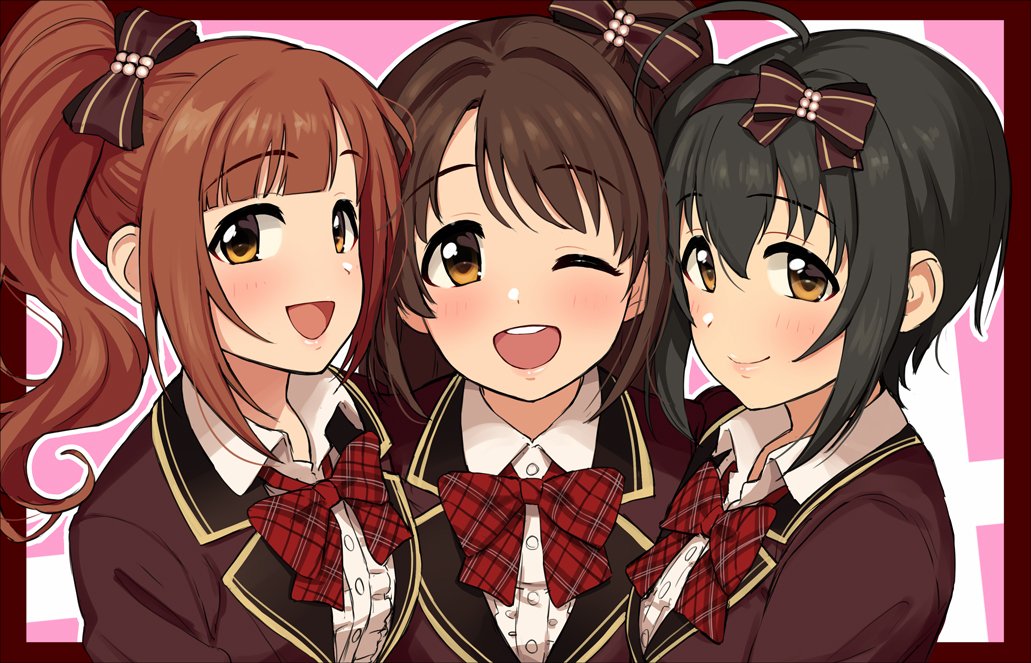 3girls ;d ahoge bangs black_hair blazer blush border bow bowtie brown_eyes brown_hair collared_shirt dot_nose eyebrows_visible_through_hair hair_between_eyes hair_bow hair_intakes idolmaster idolmaster_cinderella_girls idolmaster_cinderella_girls_starlight_stage igarashi_kyouko jacket kohinata_miho long_hair looking_at_viewer looking_to_the_side love_letter_(idolmaster) multiple_girls omaru_gyuunyuu one_eye_closed open_mouth pink_background pink_check_school plaid plaid_bow school_uniform shimamura_uzuki shirt short_hair side_ponytail smile upper_body upper_teeth wing_collar