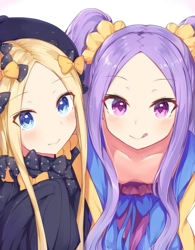 2girls :q abigail_williams_(fate/grand_order) bangs black_bow black_dress black_hat blonde_hair blue_eyes blush bow breasts chinese_clothes closed_mouth collarbone commentary_request dress fate/grand_order fate_(series) hair_bow hat long_hair long_sleeves looking_at_viewer meuneyu multiple_girls orange_bow parted_bangs polka_dot polka_dot_bow purple_eyes purple_hair simple_background sleeves_past_fingers sleeves_past_wrists small_breasts smile tongue tongue_out twintails very_long_hair white_background wu_zetian_(fate/grand_order)