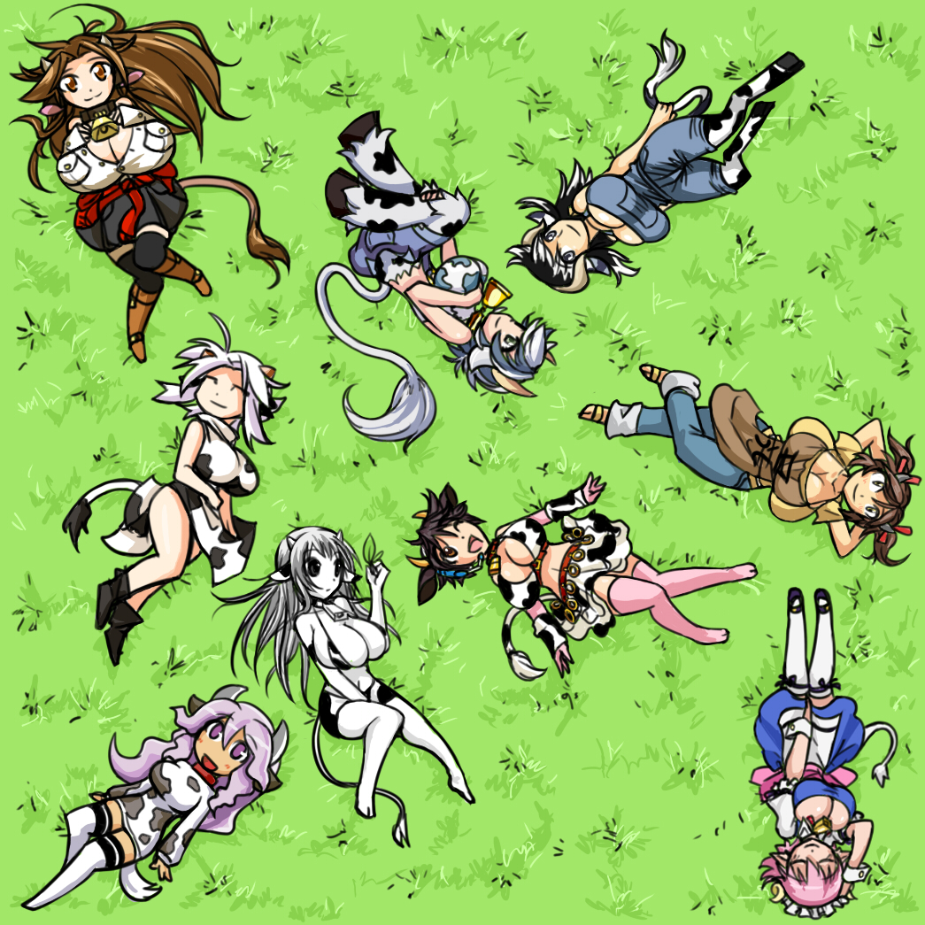 :d ;d ^_^ animal_ears animal_print annotated arms_behind_head bell bell_collar black_eyes black_hair borrowed_character breasts brown_eyes brown_hair cleavage closed_eyes collar cow_bell cow_ears cow_girl cow_print cow_tail denim ego_trigger elfleda_mirjasdottir from_above grass headset holstaurus hooves horns huge_breasts idolmaster idolmaster_cinderella_girls jeans kumatanchi large_breasts lavender_hair long_hair lotte_no_omocha! lying maid_headdress matsu-sensei mattie_(ego_trigger) monster_girl monster_girl_encyclopedia monster_musume_no_iru_nichijou multiple_girls oikawa_shizuku on_back on_side one_eye_closed open_mouth original pants pink_hair pink_legwear purple_eyes short_hair skirt smile sukimi tail thighhighs twintails ushi-oneesan white_hair white_legwear zettai_ryouiki