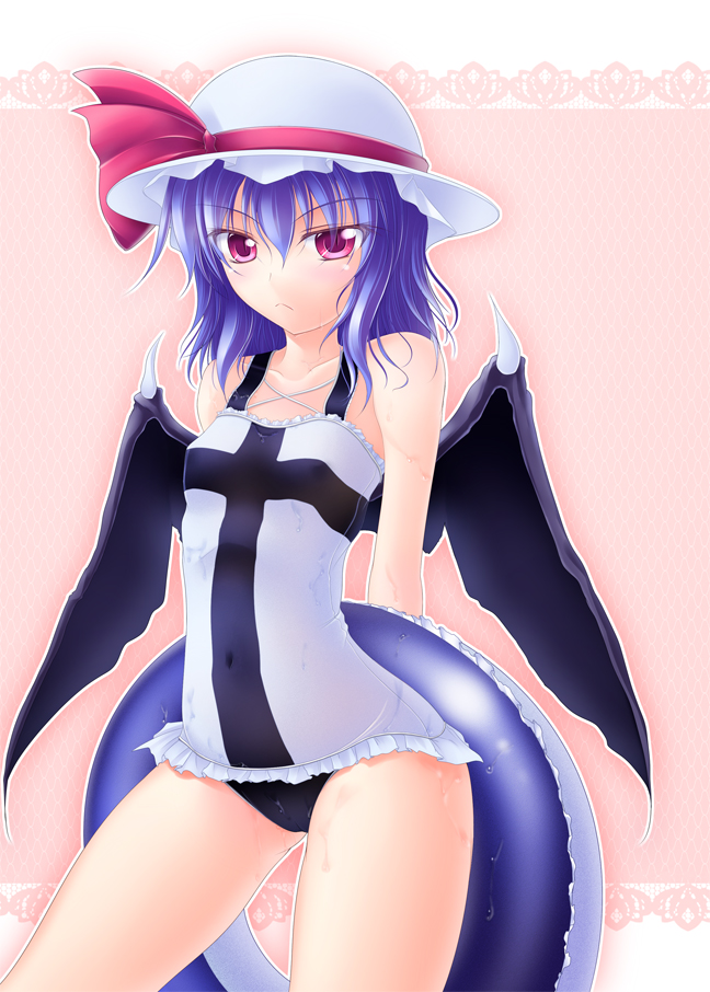 :&lt; bad_id bad_pixiv_id bat_wings blue_hair demon_wings flat_chest frown gisyo hat hat_ribbon innertube one-piece_swimsuit red_eyes remilia_scarlet ribbon slit_pupils solo swimsuit touhou wet wings